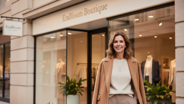 Elegant lifestyle photo of a confident female shop owner age 40–60 standing outside her boutique. She is smiling warmly and naturally, dressed in soft neutral-toned fashion (long coat, knitwear, or blouse). Behind her is the storefront with a clean, modern sign reading 
